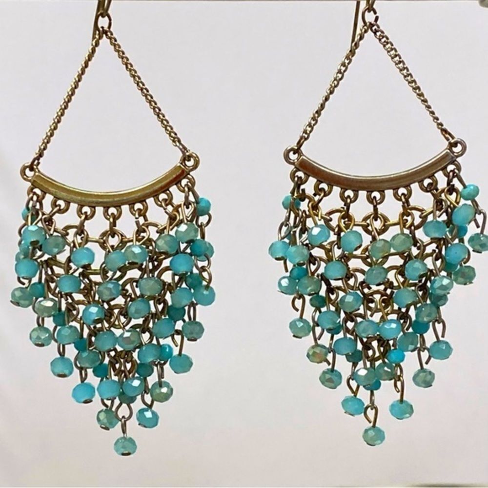 Turquoise Bohemian Style Fringe Chandelier Dangle Earrings - Approx. 3 1/4